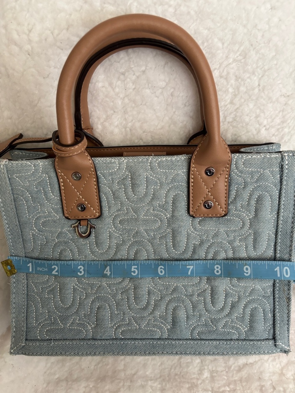 True Religion Light Blue Quilted Tote Bag with Tan Trim - Picture 10 of 11